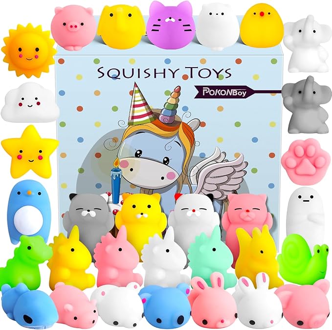POKONBOY 30 PCS Squishies Mochi Toys, Mini Kawaii Squishy Animals Squeeze Stress Relief Toys Easter Basket Stuffers Party Favors Easter Egg Filler for Kids