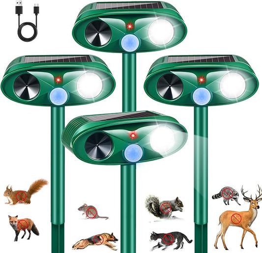 4Pack Sonic Fortress Pro Deer Repellent Devices Squirrel Rabbit Cat Raccoon Fox Deterrent Solar Ultrasonic Animal Repellent Outdoor with Motion Activated Strobe Light for Yard Lawn Garden Protection