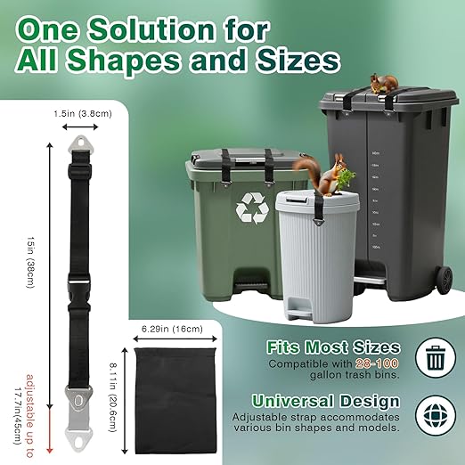Trash Can Lock Straps 2 PCS, Adjustable Sturdy Outdoor Garbage Can Lid Lock Bungee Cords, Universal Waste Bin Security Straps for Dogs, Raccoons, Squirrels & Outdoor Critters