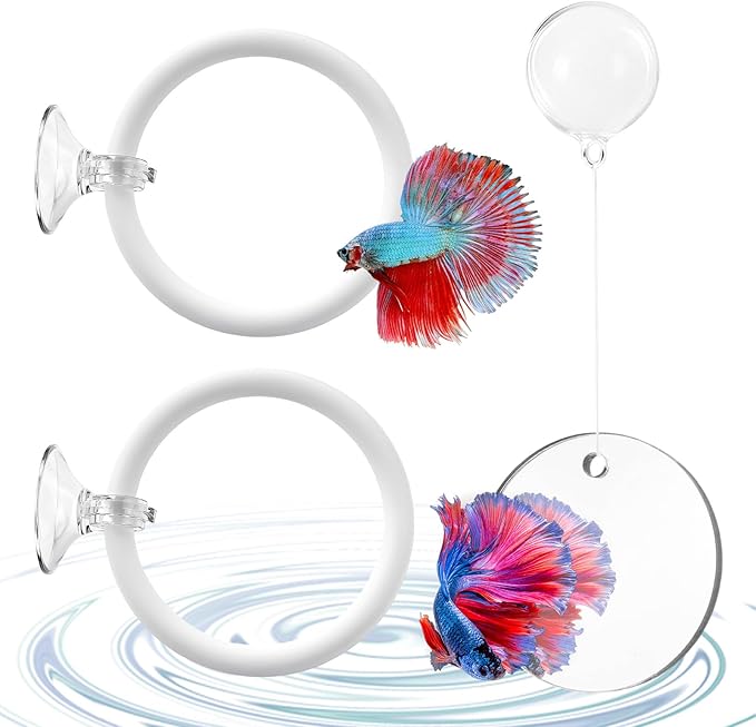 Betta Fish Tank Accessories, 2 Pcs Betta Exercise Ring and Bettas Mirror with Floating Ball, Plastic Bettas Fish Toys for Enrichment Aquarium, Fish Training & Play