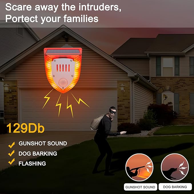 Solar Outdoor Motion Sensor Alarm: 129db Dog Barking & Gunshot Sound,Loud Motion Detector Noise Maker,Barking Dog Alarm Strobe Light Warning Lamp for Home Yard Barn