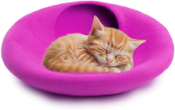 Luxurious Merino Wool Cat Cave - Foldable Hideaway Pod for Indoor Cats - Premium Felt Kitten Pet Enclosure - Covered Cat House for Ultimate Cozy Comfort by Woolygon (Purple Plain)