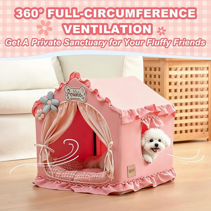 Indoor Dog House with Frame,Cute Dog Tent Bed with Cover Cave,Pink | Breathable,Washable,and Foldable House, Suitable for 8-16 Lb Puppy and Cats, Medium (17"×17"×17"),Inside Dog House