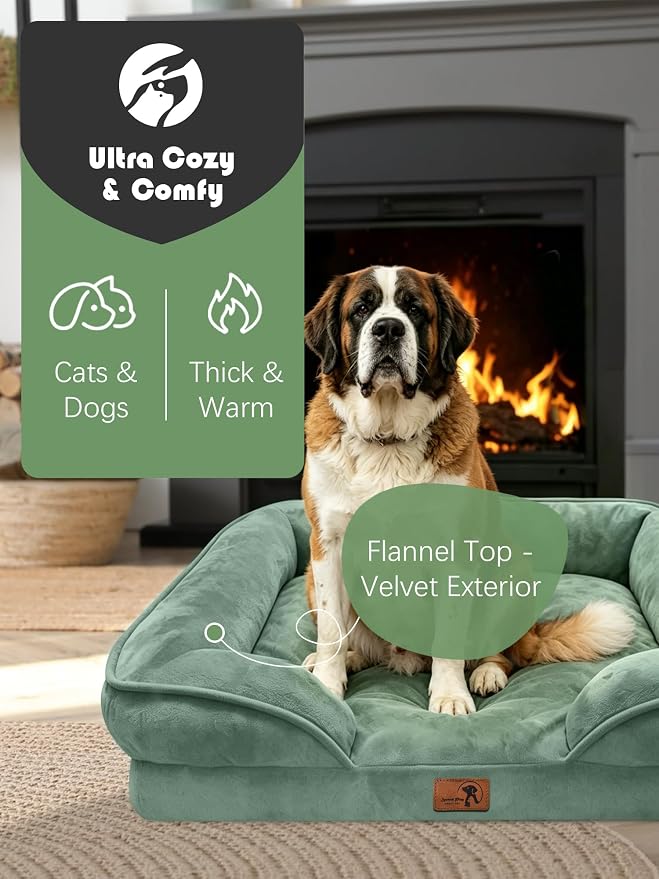 Spotted Play Orthopedic Dog Bed with Sides - Sofa Beds for Extra Large Dogs, Supportive Foam Pet Couch Bed with Washable Removable Cover, Waterproof Lining and Non-Slip Bottom, Green - XXL