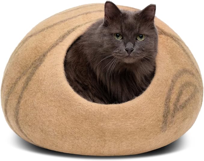 Cat Cave – Premium Felt Cat Bed Enclosure for Indoor Cats, Handmade Merino Wool (Beige, Medium)