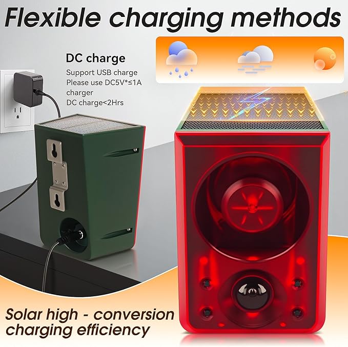 Solar Outdoor Motion Sensor Alarm - Dog Barking & Gunshot Sound, Support Recording and Volume Adjustment, 130dB Noise with Flashing Light to Deter Raccoon, Deer, Skunk, Bear, Coyote