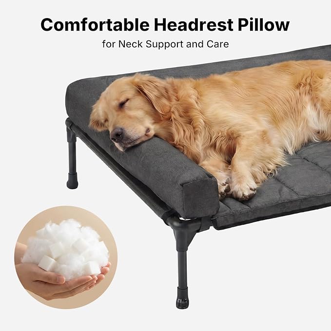 Veehoo Outdoor Elevated Dog Bed with Waterproof Bolster Cushion, Cooling | Raised Dog Bed with Removable & Washable Mat Topper, Breathable Mesh, Dog Couch Cot for Indoor Outdoor, 53", Large, Black