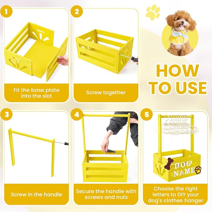 Teenyyou 20" x 13" x 9" Wooden Dog Closet Pet Wardrobe Crate Box with Hanging Rods and Personalized Alphabet Letters Easy Assembly Baskets for Dog Cat Toys Clothes Accessories(Yellow)