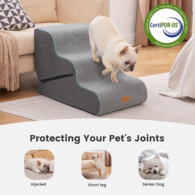 Gardner Pet Dog Stairs for Small Dogs 16.5" H, 2 in 1 Transformable 3-Step Pet Stairs and Dog Ramp for Couch (13-20 in), Grey Adjustable Pet Steps with Zipper