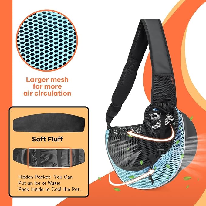 YUDODO Pet Sling Carrier for 5-9 lbs Small Dogs Cat Puppy Crossbody Carrier | Bottom support, Safety Hook, Large Zipper Pocket, Soft Breathable Mesh, Adjustable Strap, Reflective Strip, Cyan, M