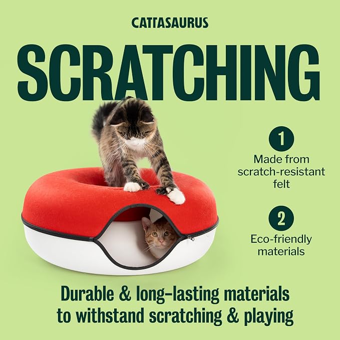 Peekaboo Cat Cave, Extra Spacious for Multiple & Large Cats 12+ lbs, Scratch Detachable Cat Beds for Indoor Cats, Washable Tunnel Bed, Comfy Donut Tunnel (Ruby Snowball, Jumbo)