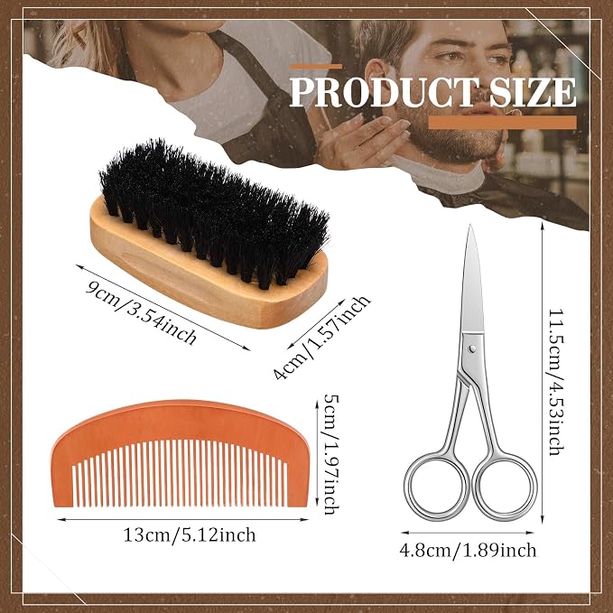 Zubebe 20 Sets Beard Brush and Comb Set for Men Fathers Day Dad Gifts, Boar Bristle Brush, Wood Mustache Comb and Beard Trimming Scissors with Travel Pouch, Mustache Grooming Care Kit for Grandpa Gift
