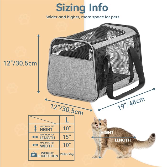 PETSFIT Large Cat Car Carrier,19 x 12 x 12 | Roomy Escape-Proof Cat Car Seat, Safe Driving, Lockable Zippers & Safety Tether, Soft-Sided Travel Carrier