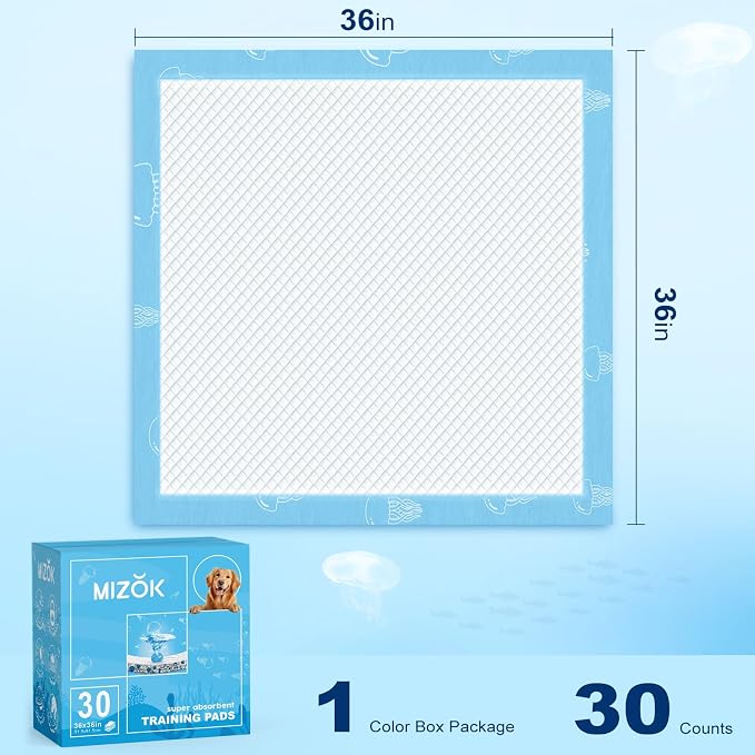 MIZOK XXL Pee Pads for Dogs Super Absorbent Extra Heavy Duty 36x36in 30Ct | Thick Blue Wee Wee Pads for Dogs with Jellyfish Prints Feature Adhesive Tabs and Leak Proof Layers for Potty Training