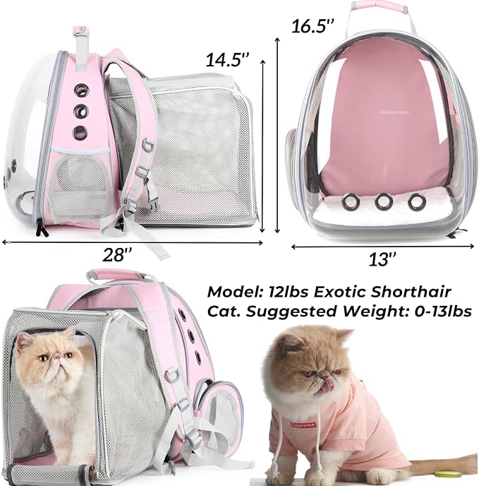 Cat Carrier Backpack, Expandable Bubble Pet Carrier for Cats and Small Dogs, Airline Approved Travel Backpack for Hiking, Walking & Outdoor Adventures - Supports up to 14 lbs