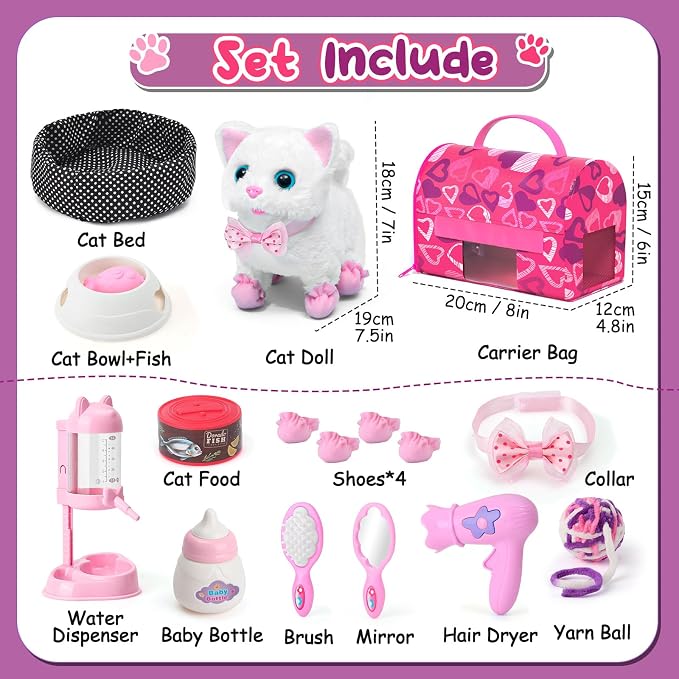 Golray Electronic Toy Dog and Cat for Kids Girls, 10 Pcs Puppy Pet Care Pretend Play Set 16 Pcs Kitten Carrier & Pet Groom Feed Care Set