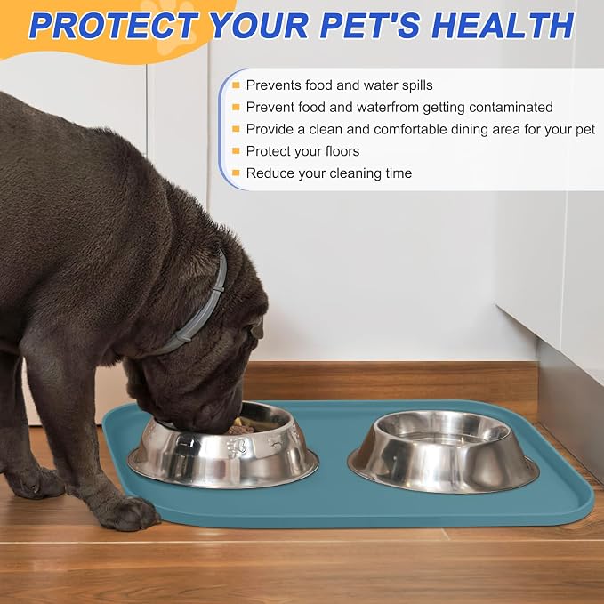SMILOOL Waterproof Silicone Pet Food Mat with Raised Edge for Dog & Cat | 22" x 14" Non-Slip Pet Feeding Mats with Lip for Food & Water Bowl, Food Grade, Easy Cleaning, Salte Blue