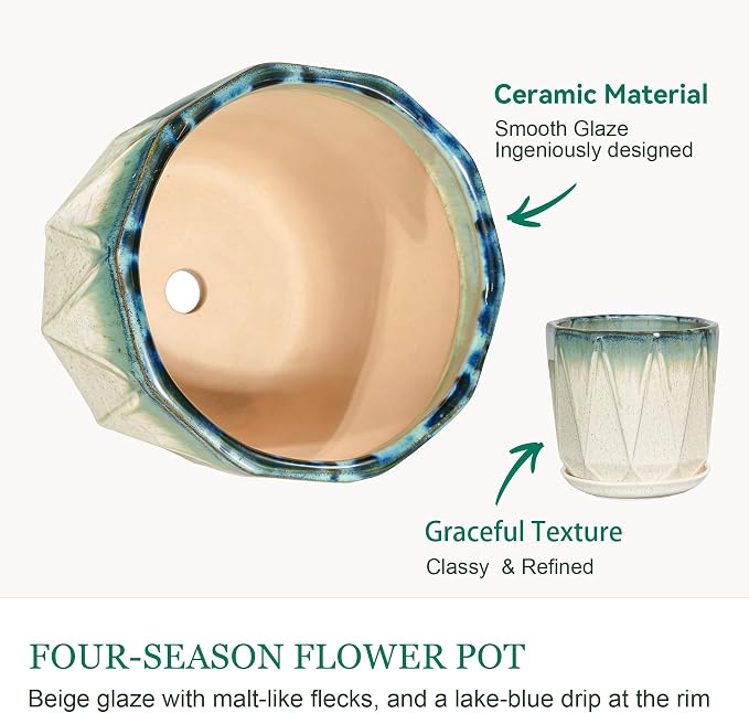 7.8 Inch Ceramic Plant Pot with Drainage Hole Mesh Net, Large Flower Pots for Indoor Plants with Saucer, Gardening Pots Outdoor (Blue Mouth Linen)