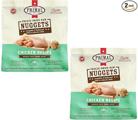 Primal Freeze Dried Dog Food Nuggets, Chicken; Complete & Balanced Meal; Also Use as Topper or Treat; Premium, Healthy, Grain Free, High Protein Raw Dog Food, 14 oz (Pack of 2)
