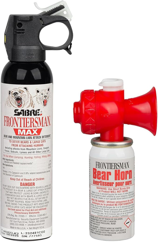 Kit Sabre Frontiersman MAX Répulsif anti-ours et anti-lions de montagne de 260 g, portée jusqu'à 12 m, contient 2 % de capsaïcinoïdes majeurs + klaxon d'ours Frontiersman (FBH-LT-AMZ), sécurité phosphorescente