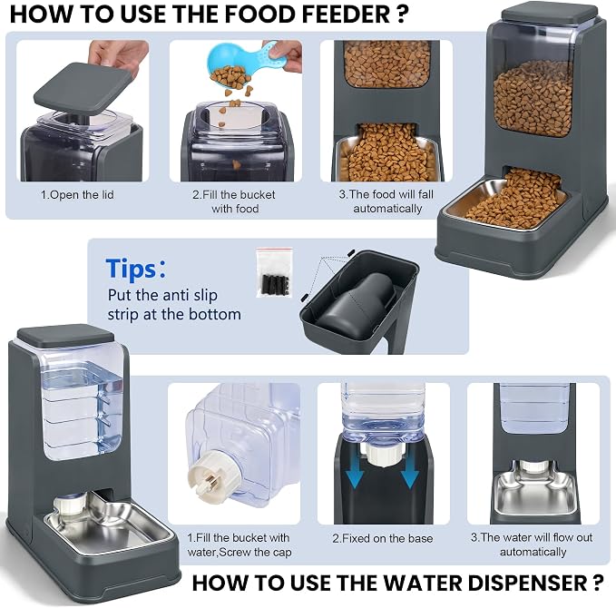 2 Pack Automatic Cat Feeder and Water Dispenser Set with Dog Stainless Steel Feed Bowl Pet Gravity Self Feeding and Waterer Large Capacity for Small Medium Large Dogs Puppy Kitten