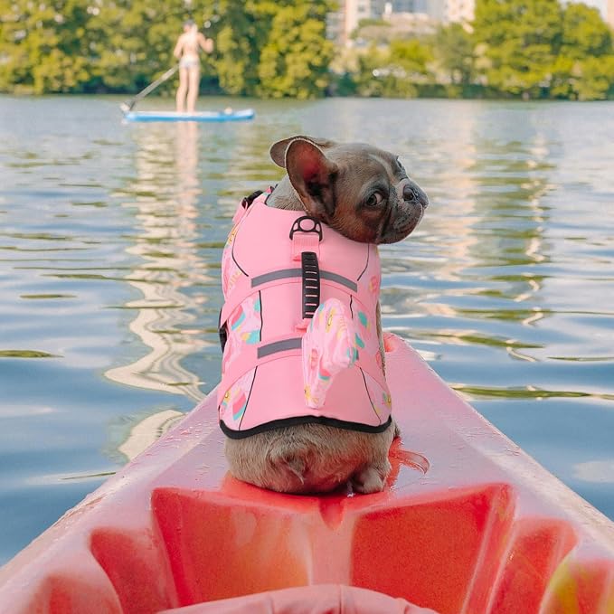 Dog Life Jacket High Flotation, Reflective Dog Life Vests for Swimming, Adjustable Dog Life Preserver Rescue Handle Spring Summer Pool for Small, Medium, Large Dogs (Pink Ice Cream,M)