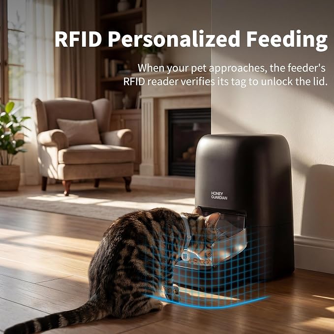 HoneyGuaridan RFID Automatic Cat Feeder,Collar Tag for Personalized Meal | 4.6L 5G WiFi Cat Food Dispenser with Cats Recognition,Diet Tracking and Anti-theft for Multi Pet Home and Different Diet