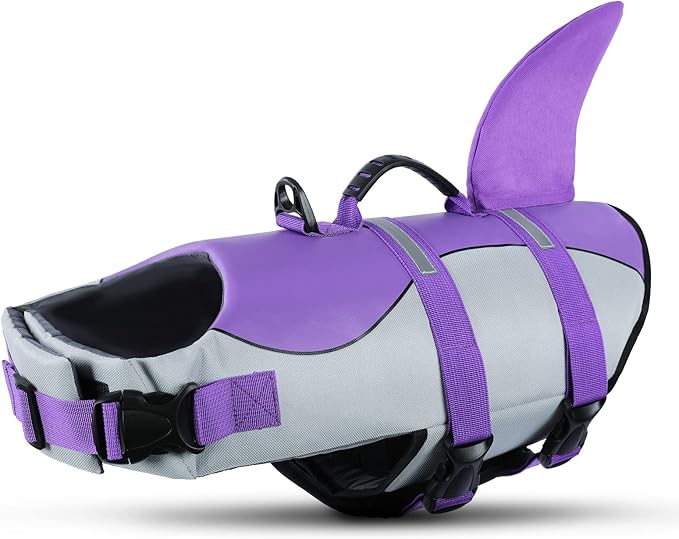 Dog Life Jacket,Dog Life Vest for Swimming,Dog Shark Life Jacket with Rescue Handle,Adjustable Reflective Dog Life Preserver for Extra Large Dog,Purple 2XL