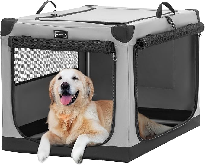 PETSFIT 40" Soft Portable Dog Crate – Patented Spiral Sturdy Frame, Collapsible Travel Kennel for Large Dogs, 3 Mesh Door, Lockable Zippers, Indoor & Car Use Gray
