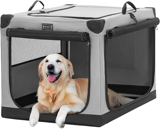 PETSFIT 40" Soft Portable Dog Crate – Patented Spiral Sturdy Frame, Collapsible Travel Kennel for Large Dogs, 3 Mesh Door, Lockable Zippers, Indoor & Car Use Gray