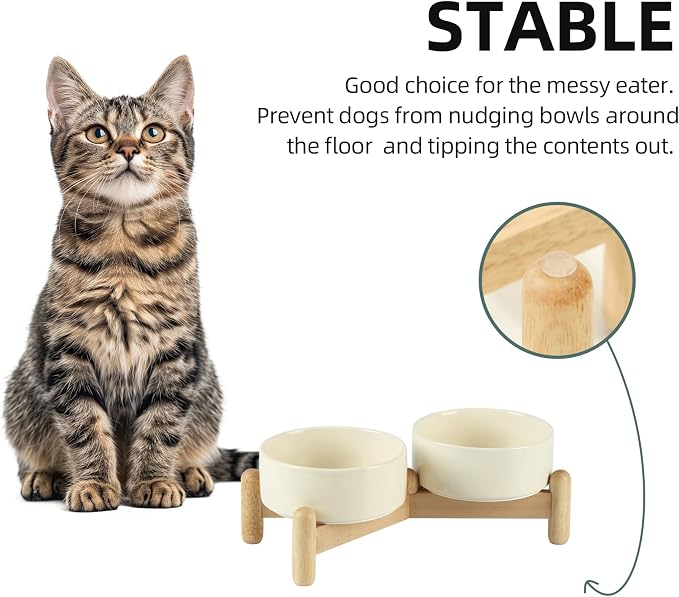 Havniva Elevated Dog Bowls Ceramic Dog Bowls with Stand, Dog Food Bowl | 5.1” Raised Dog Bowls with Non-Slip Wood Stand, Dog Food and Water Bowl Set, Double Dog Feeding Bowls for Small Dogs