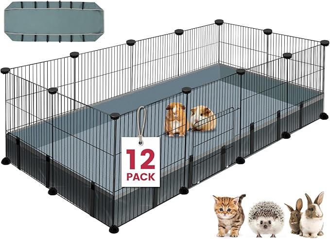 VISCOO 12 Panels Small Animal Playpen, 48" x 24" x 16" Pet Playpen with Waterproof Mat, C&C Cage for Guinea Pigs, Puppy Play Pen, Bunny Playpen, Indoor Outdoor Portable Metal Wire Yard Fence