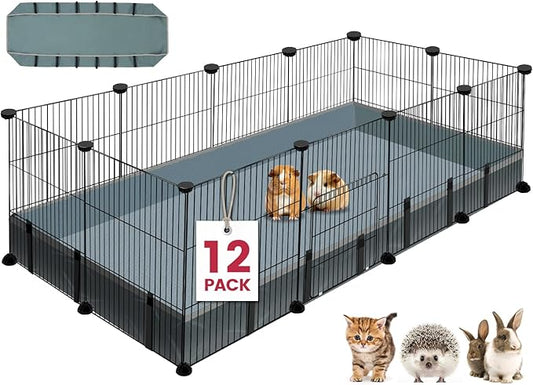 VISCOO 12 Panels Small Animal Playpen, 48" x 24" x 16" Pet Playpen with Waterproof Mat, C&C Cage for Guinea Pigs, Puppy Play Pen, Bunny Playpen, Indoor Outdoor Portable Metal Wire Yard Fence