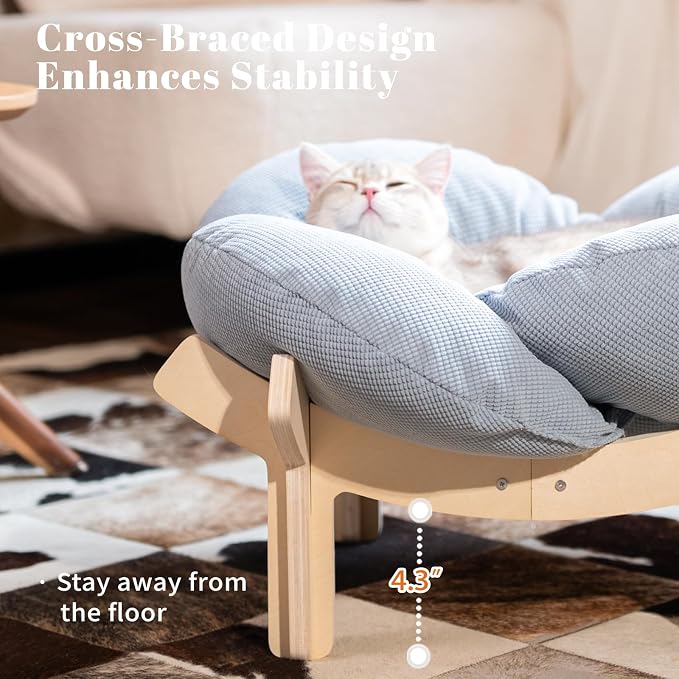 Elevated Cat Bed for Indoor Cats Couch Sofa Flower | Pet Beds with Washable Cushion, Stable Wooden Frame, Raised Cat Hammock & Furniture for Kitty & Puppy All-Season(Light Blue)