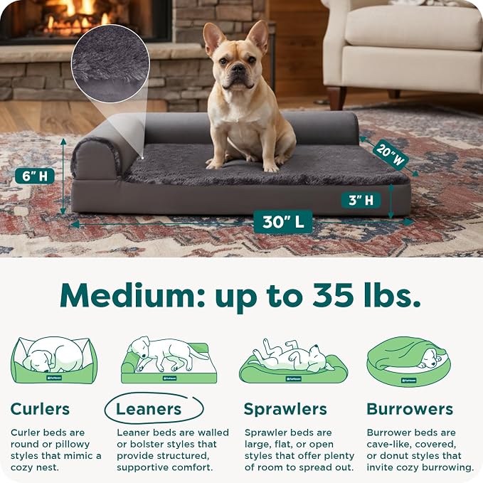 FurHaven Orthopedic Dog Bed for Medium Dogs, L-Shaped Chaise Mattress with Orthopedic Egg Crate & a Solid Orthopedic Foam Base for Joint Support, Washable Cover, Medium, Plush & Velvet, Platinum Gray