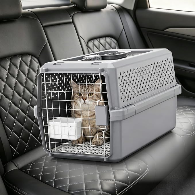 RIZZARI Gray Pet Carrier for Medium Dogs & Cats, Hard-Sided Travel Kennel | Spacious Interior,Reinforced Side Latches,Stable Carrying Handle,Wide Front Entry,Supports Daily Travel,Light weight to Carry