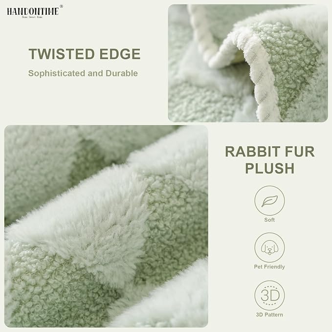 HANDONTIME Non-Slip Pet Couch Cover Washable, Plush Faux Fur Couch Protector for Cushion Pet-Friendly Sofa Covers for Dogs, Checkered Diamond Sectional Covers Dog Mat for Sofa (Green, 35.6" x 94.5")