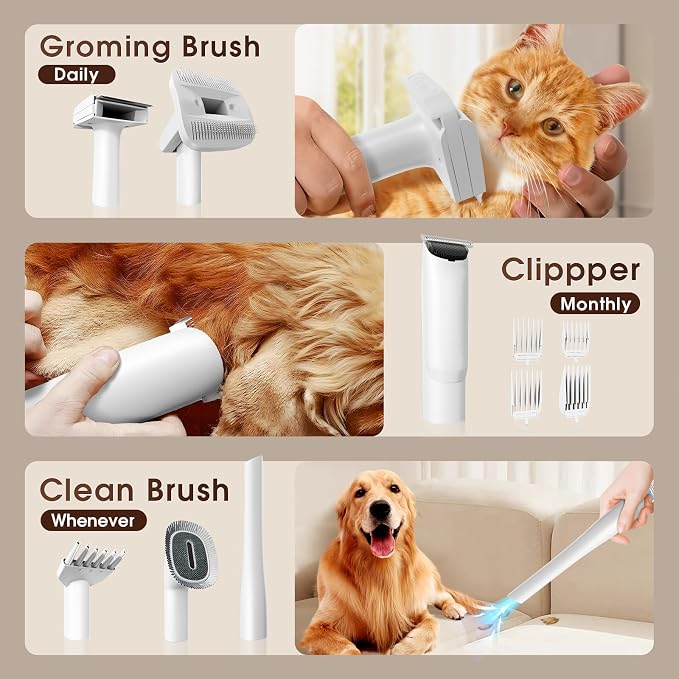 Dog Grooming Vacuum Kit with 4L Dust Cup, 6 Pet Grooming Tools for Home Grooming, Low-Noise Pet Hair Grooming System for Dogs & Cats