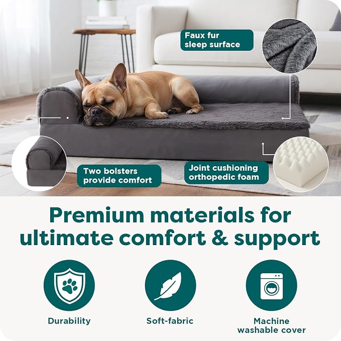 FurHaven Orthopedic Dog Bed for Medium Dogs, L-Shaped Chaise Mattress with Orthopedic Egg Crate & a Solid Orthopedic Foam Base for Joint Support, Washable Cover, Medium, Plush & Velvet, Platinum Gray