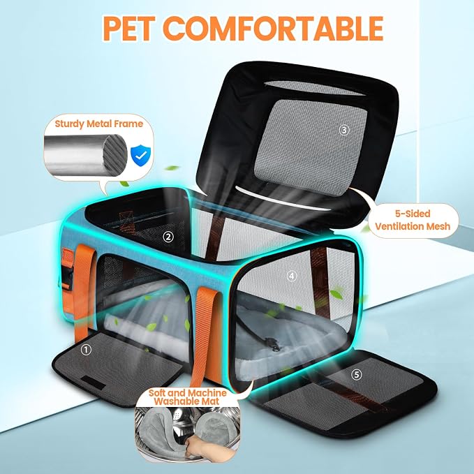 Top-Expandable Pet Carrier with Wheels Airline Approved, Blue | 19"L x 13"W x 9"H, for Southwest Allegiant Airlines, Lockable Safety Zippers and Anti-Scratch Mesh, Pets Under 12 Lbs