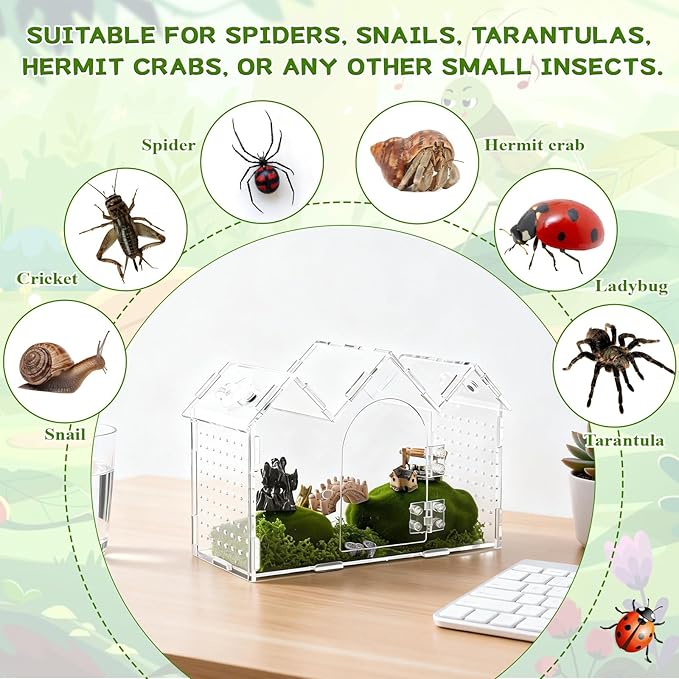 7Pcs Magnetic Acrylic Jumping Spider Enclosure Kit, 9.5" X 3.9" X 6.7" Arboreal Tarantula Enclosure with Feeding Hole for Reptiles Amphibians nnd Spiders