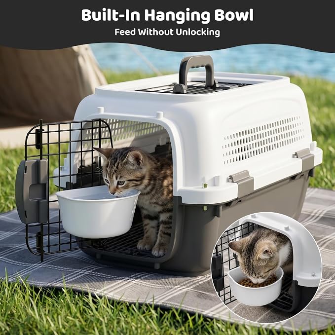 Athena Collection 20" Hard-Sided Pet Carrier with Food Bowl, Grey | Hard-Sided Protection with Top & Front Door Access, 4-Sided Ventilation for Small Dogs and Cats up to 20 LbS