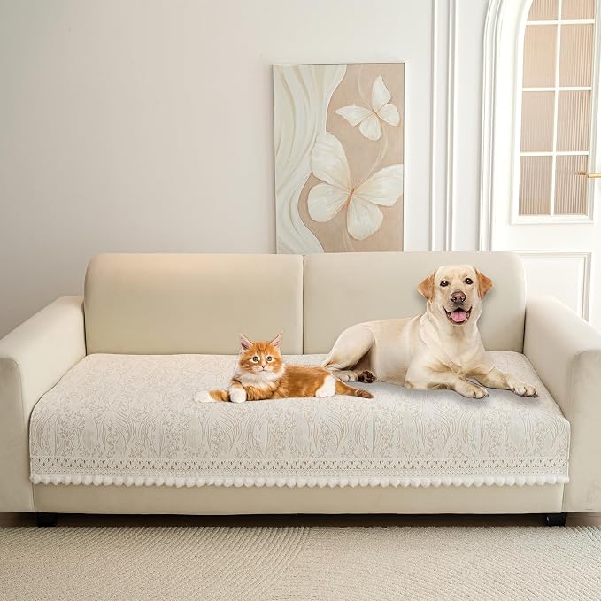 HANDONTIME Chenille Pet Couch Cover Floral Pattern – Soft Fringed Edges, Non-Slip Washable Sofa Slipcover, Jacquard Sofa Cushion Cover, Protects Furniture from Dogs, Cats & Kids (Khaki,35.4" x 94.5")