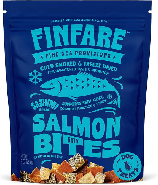 Finfare Freeze Dried Salmon Skin Treats for Dogs, Protein & Omega-3s, Grain Free Salmon Dog Training Treats, Crafted in USA, Bites - 9oz