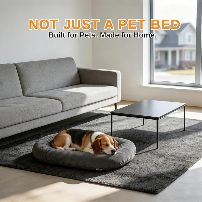 Washable Oval Medium Dog Bed, Silver-Tipped High-Resilience, Dark Gray | Non-Slip Bottom Prevents Sliding, Soft Plush Short Fur, Machine Washable, Ideal for Crates/Apartments/Cozy Nooks,29"x18"x2.8"