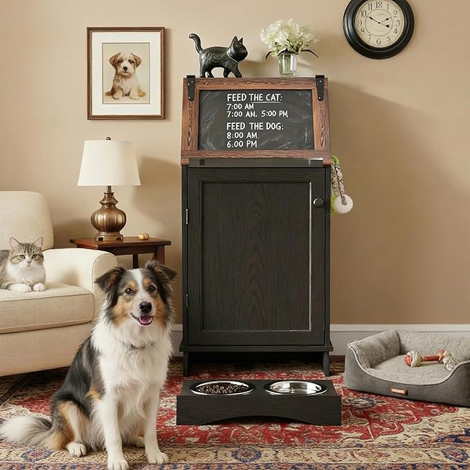 Black 38.4" H Dog Feeding Station with Storage | Pet Food Storage Cabinet with 2 Elevated Bowls,Hooks,Hidden Dog Feeding Organizer for Cats and Dogs