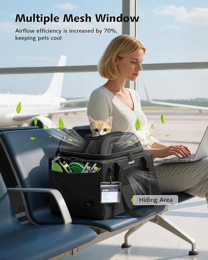 Pecute Top Expandable Airline Approved Pet Carrier for Cats, Olive Green | Top side expandable, breathable scratch-resistant mesh, leakproof pee pad, locking zippers, foldable travel bag under 11lbs.