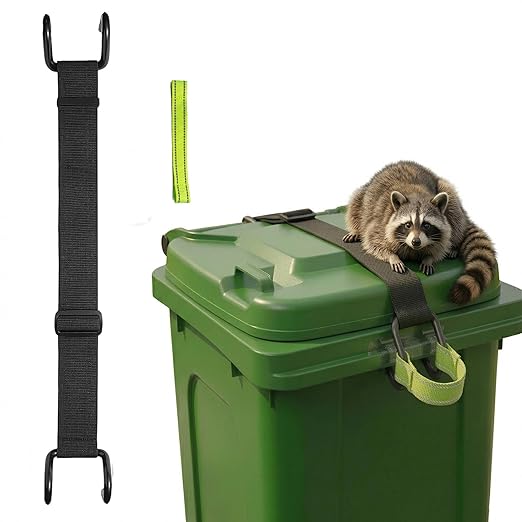 Raccoon Proof Trash Can Lid Lock Strap - Heavy Duty Metal Hooks Garbage Can Lock for Animals, Dogs, Bears - Adjustable Universal Fit, Easy-Pull Handle for Clean Hands, No Drilling - 1 Pack
