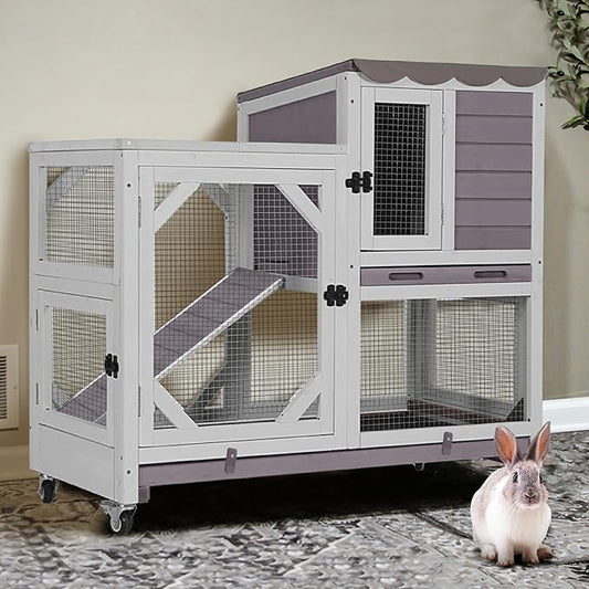 GUTINNEEN 2-Story Rabbit Hutch Indoor Bunny Cage Outdoor Guinea Pig House Wooden Small Animal Cage with Chew-Proof Ramp, Leak-Proof Tray, Lockable Wheels for 2-4 Rabbits, Guinea Pigs (Grey)