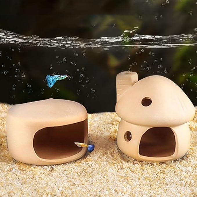 Saim Mushroom with Cave Fish Tank Decor Set, Ceramics Aquarium Shrimp Cave, Betta Hideout Decoration, Cottage Ornament Goldfishes for Fish Tank Landscape Decor - Beige
